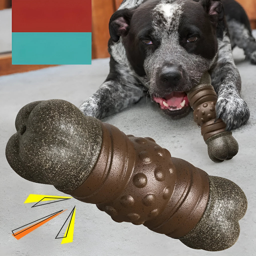 Wood colour plastic bone-shaped dog toy with textured dental cleaning surfaces for chew play and oral care