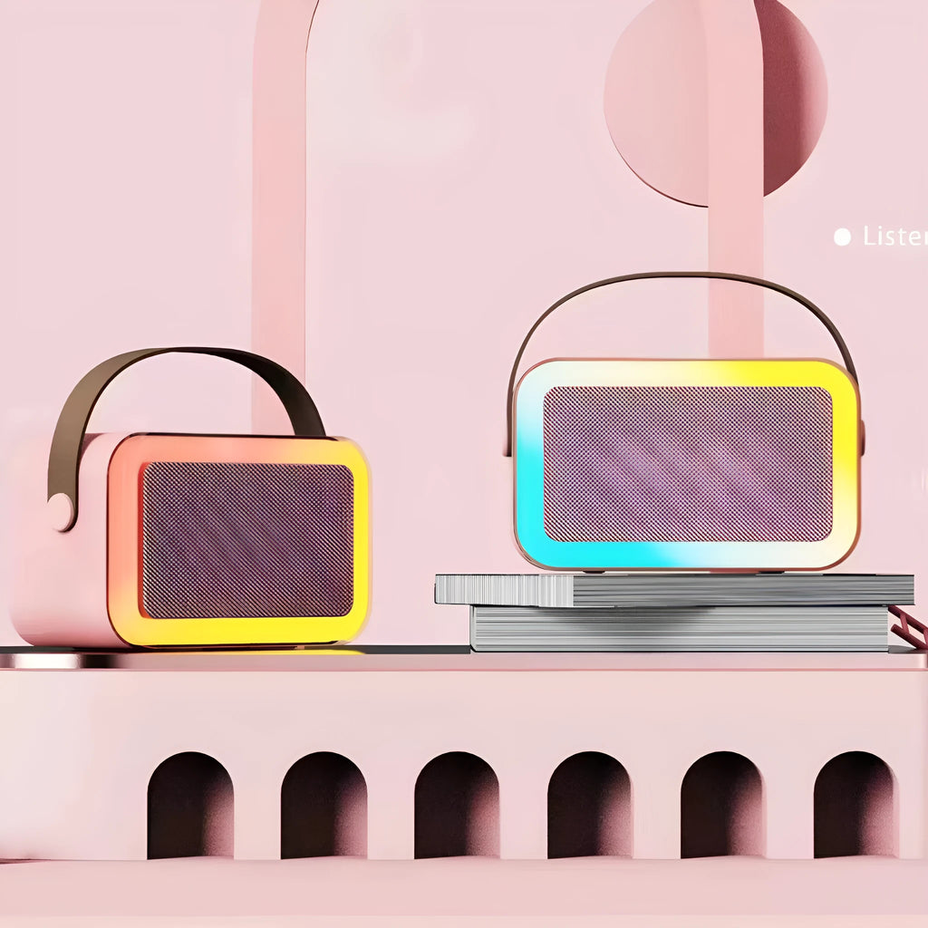 Portable Bluetooth speaker with microphone and coloured LED lights in pink, sky blue, or white.