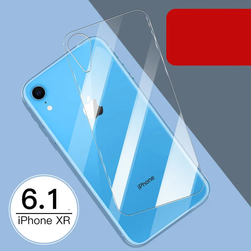 Tempered glass screen and rear camera protectors for Apple iPhone models on a white background.