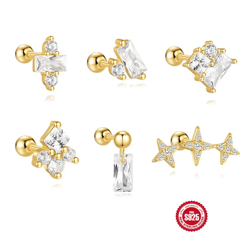 S925 sterling silver square gravel stud earrings with red flower design in golden electroplated finish