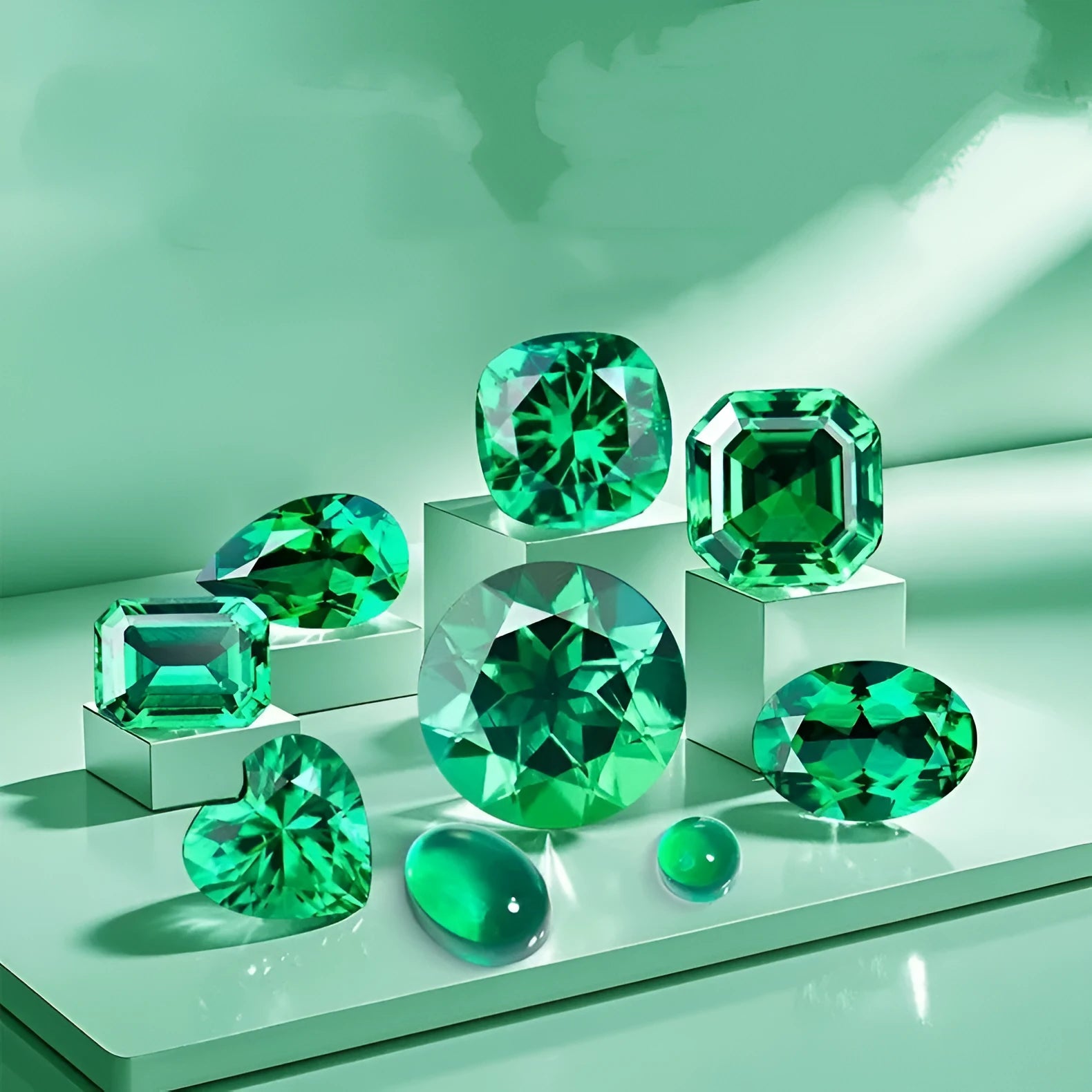 Synthetic emerald loose stone in Columbia green treasure colour showing round and cushion cut options