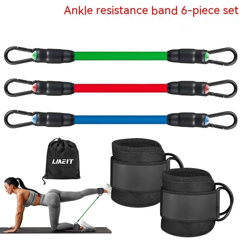 TPE resistance band set in three tension levels with ankle buckles and foot loops