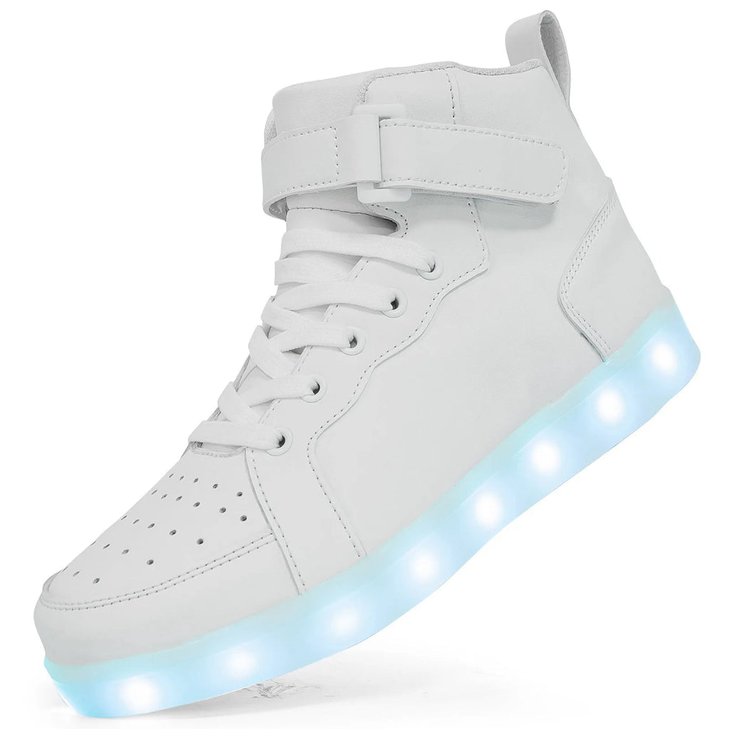 High-top trainer with LED lights on the side, Velcro strap closure, shown in gold colour.