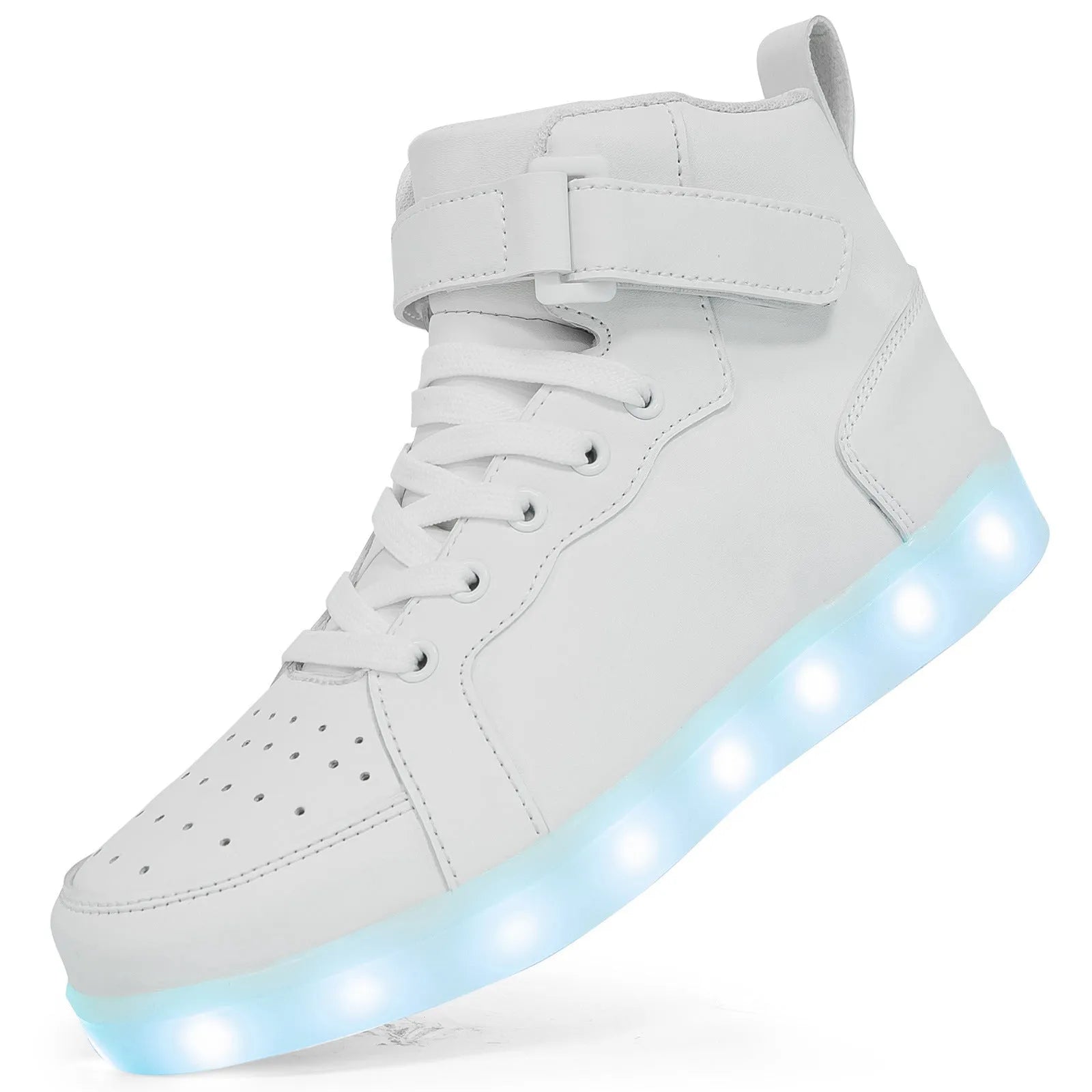 High-top trainer with LED lights on the side, Velcro strap closure, shown in gold colour.