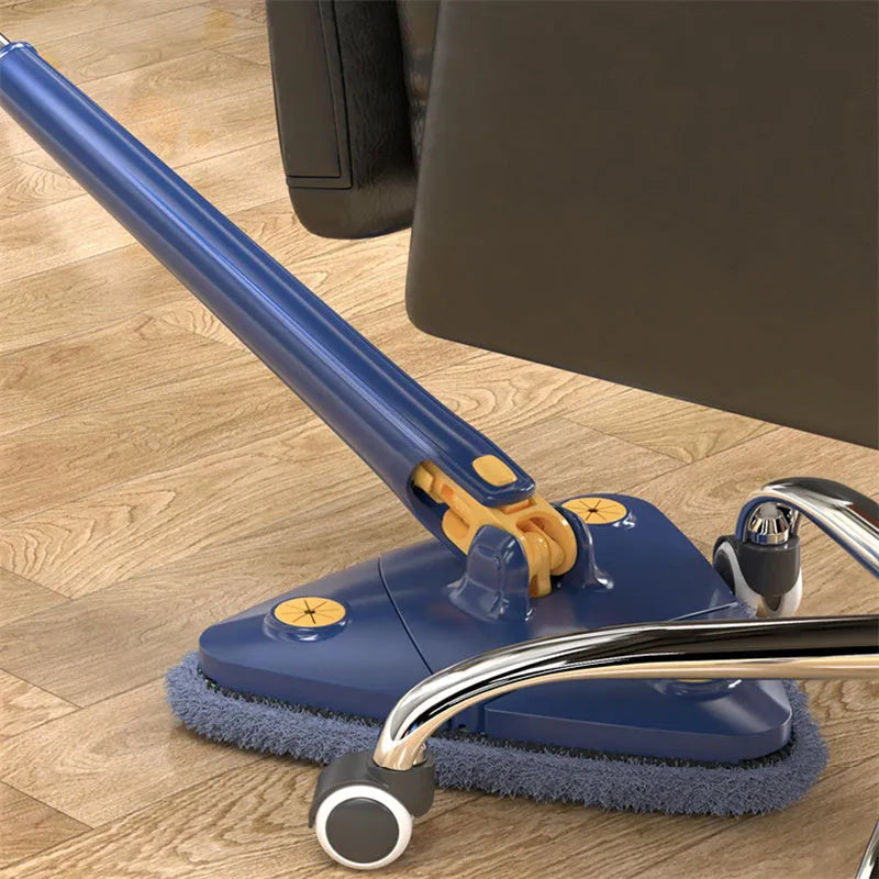 Blue triangle cleaning mop with extendable stainless steel pole and 360-degree rotating head