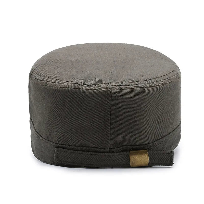 Men's flat-top cotton peaked cap in army green colour with adjustable strap.