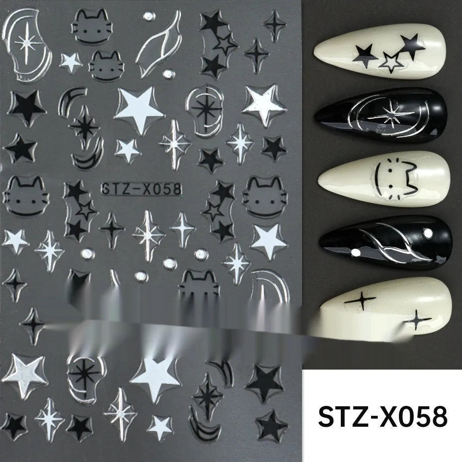 Sheet of black and silver love heart pattern nail art stickers with a plastic nail patch.
