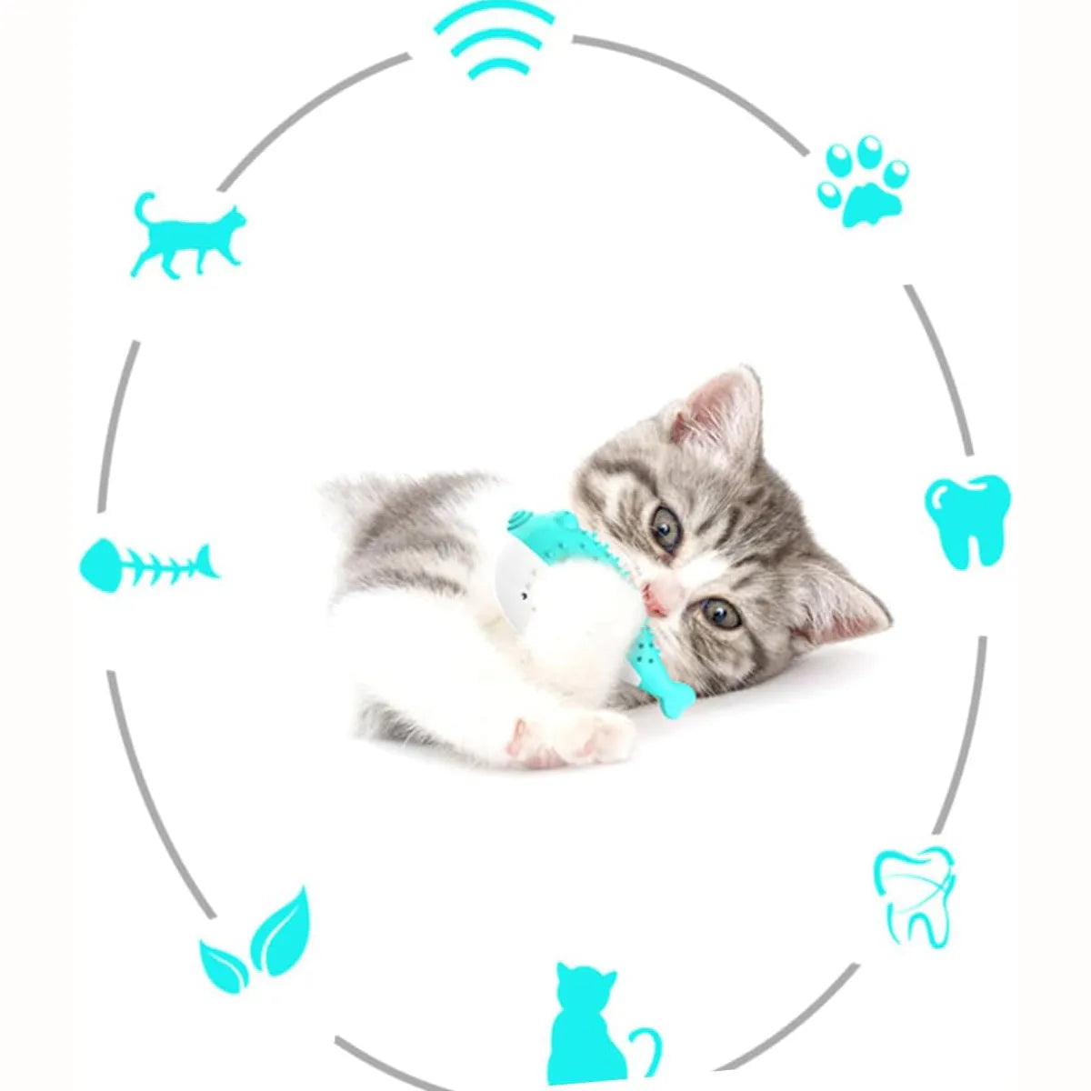Blue silicone fish-shaped cat chew toy measuring 12.2 cm with catnip attractant