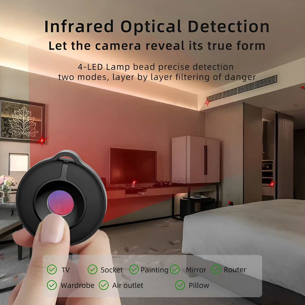Compact infrared camera detector device for finding hidden surveillance cameras