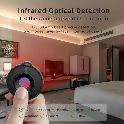 Compact infrared camera detector device for finding hidden surveillance cameras
