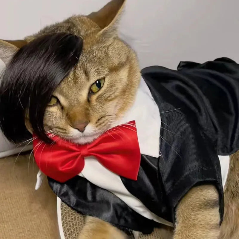 Black polyester cat wig with imitation braid styling for pet dress-up occasions