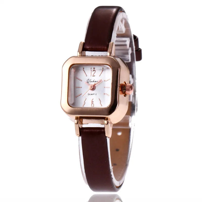 Art retro fashion watch for women with 10mm thick alloy case in black, white, pink, and brown colour options