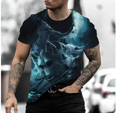 Retro 3D animal graphic printed on a men's grey short-sleeved T-shirt.