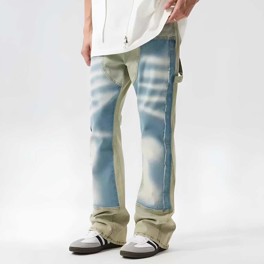 Yellow and blue retro patchwork distressed jeans on a model
