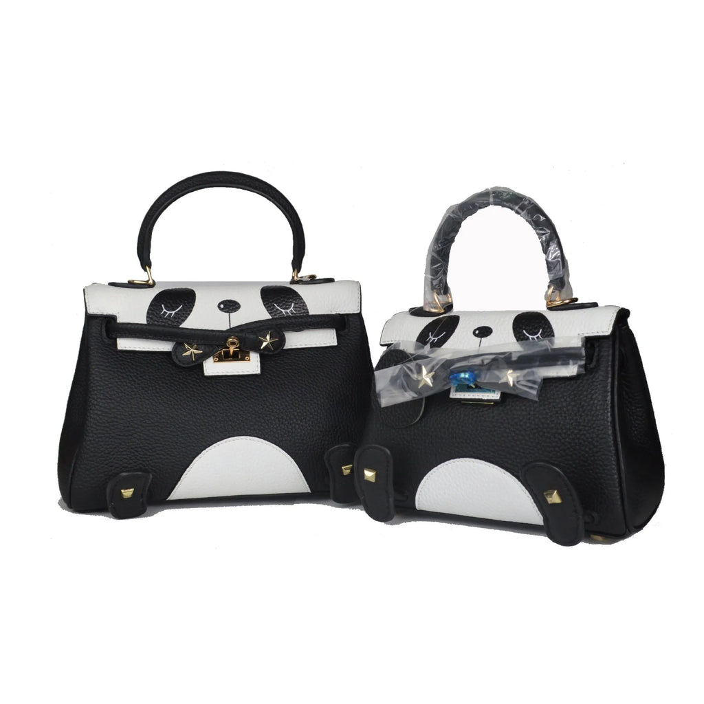 Panda print cowhide leather handbag in horizontal square shape showing animal pattern