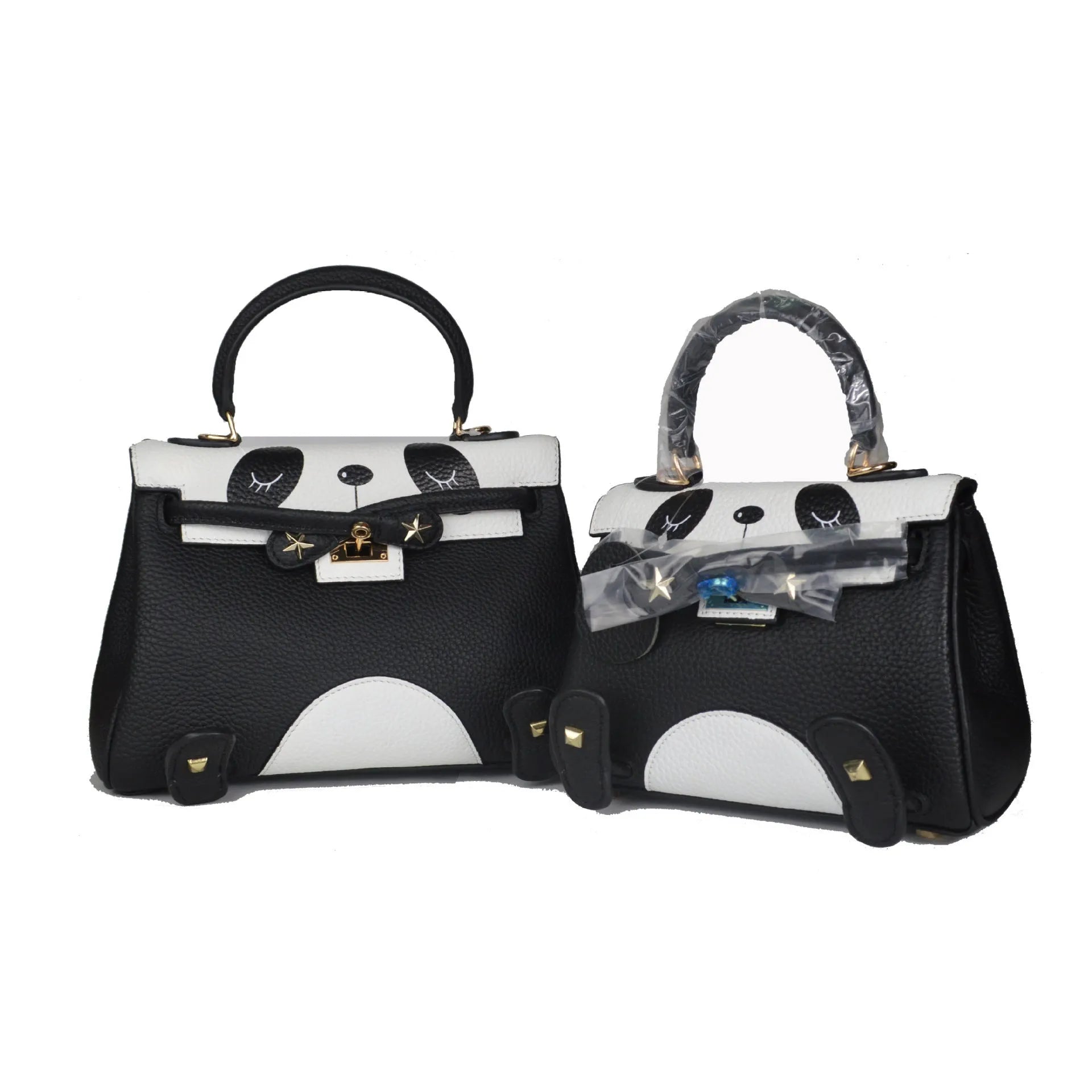 Panda print cowhide leather handbag in horizontal square shape showing animal pattern