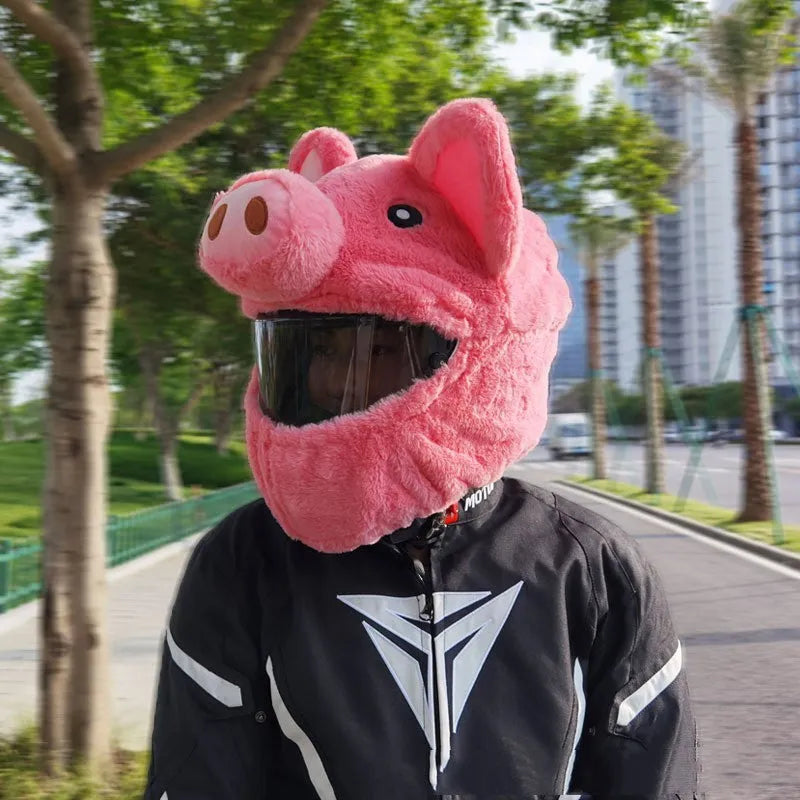 Pink pig cartoon plush helmet liner made of PV velvet cloth for motorcycle use