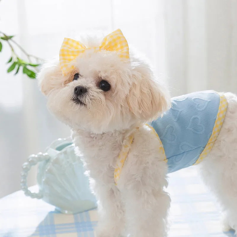 Small dog wearing heart relief texture bow suspenders vest in Bondi Blue colour