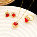 Women's titanium steel jewellery set with heart-themed mixed gem pendants in gold red colour