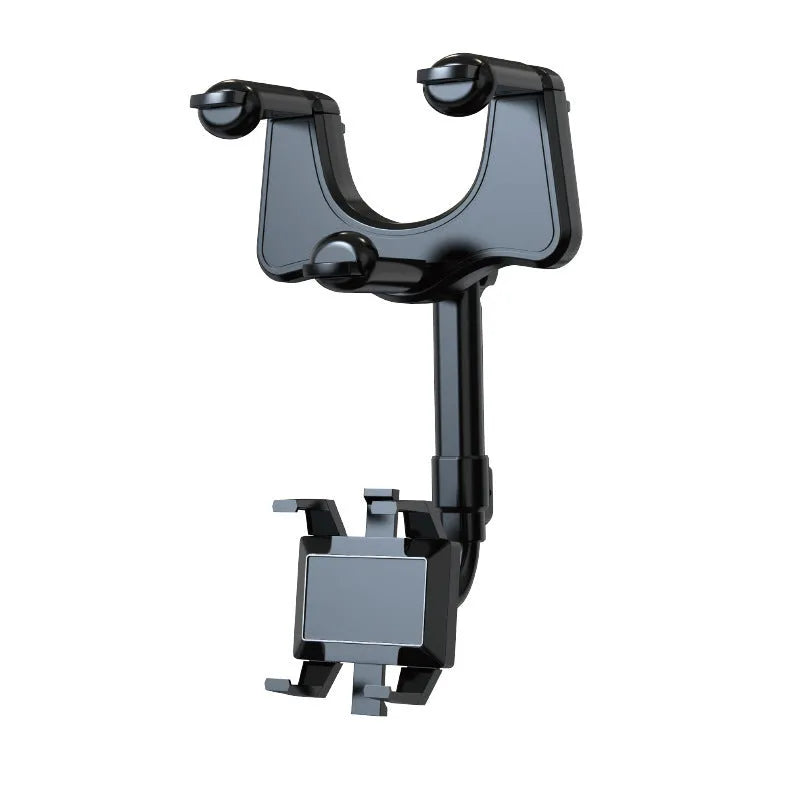 Black rearview mirror phone holder for car showing 360° rotation and retractable arm