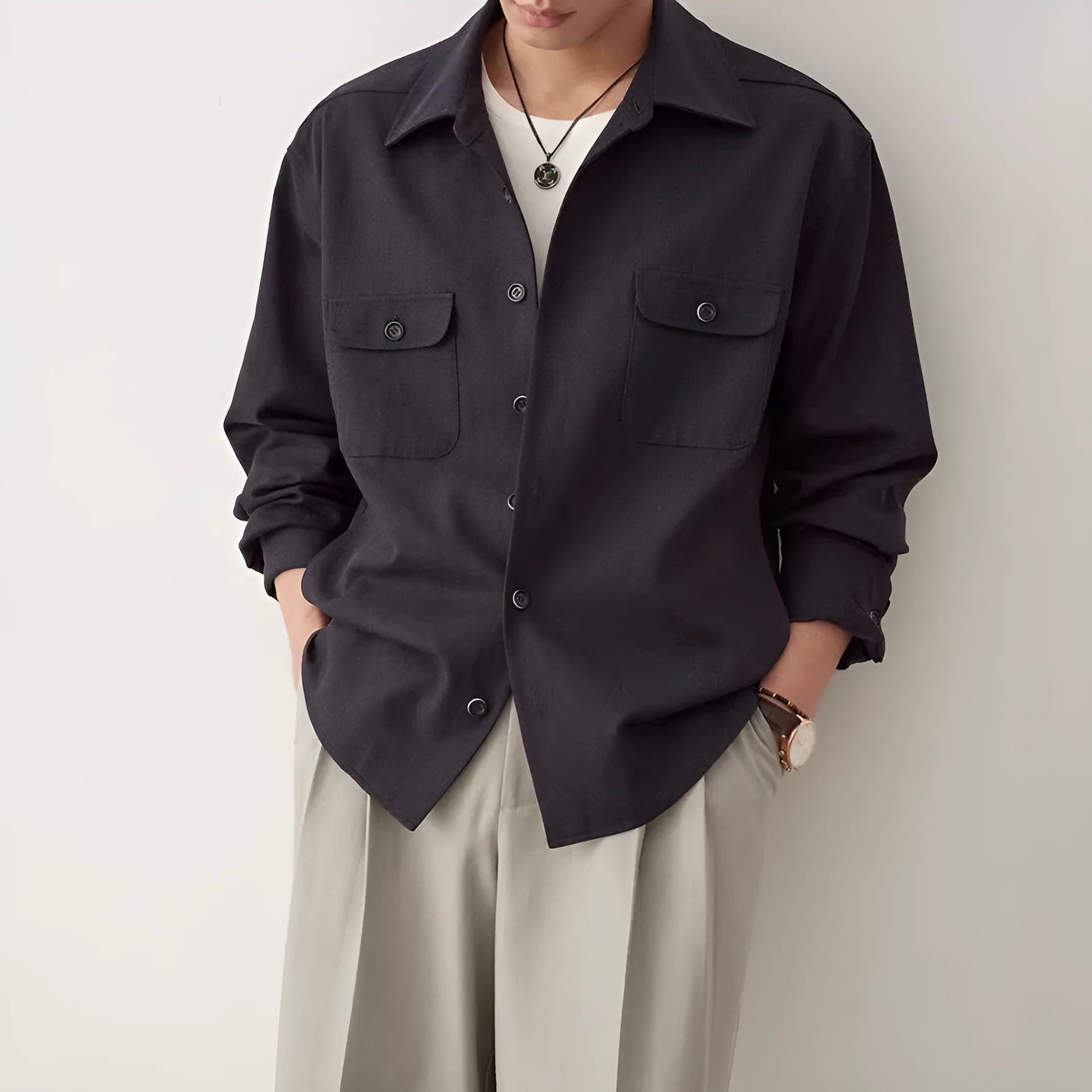 Men's cotton fabric lapel shirt in light sand rice colour with collage stitching detail and long sleeves