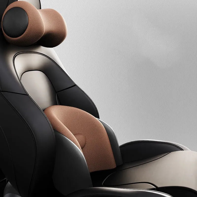 Memory cotton car seat massage cushion with electric vibration function for lumbar and headrest support.