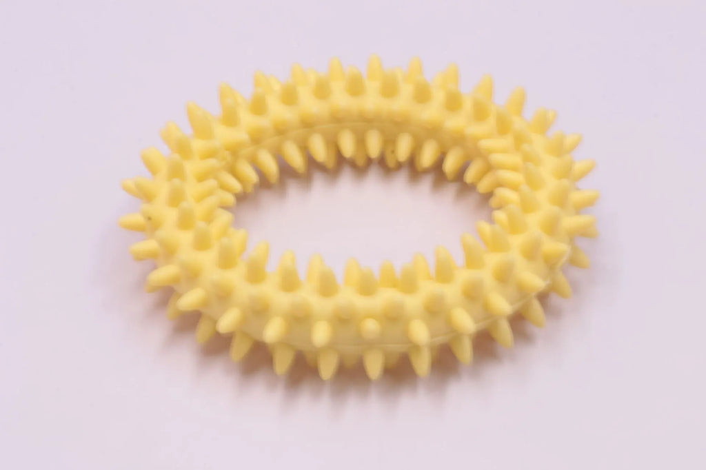 Blue TPR spiky circle dog chew toy for dental cleaning on a white background.