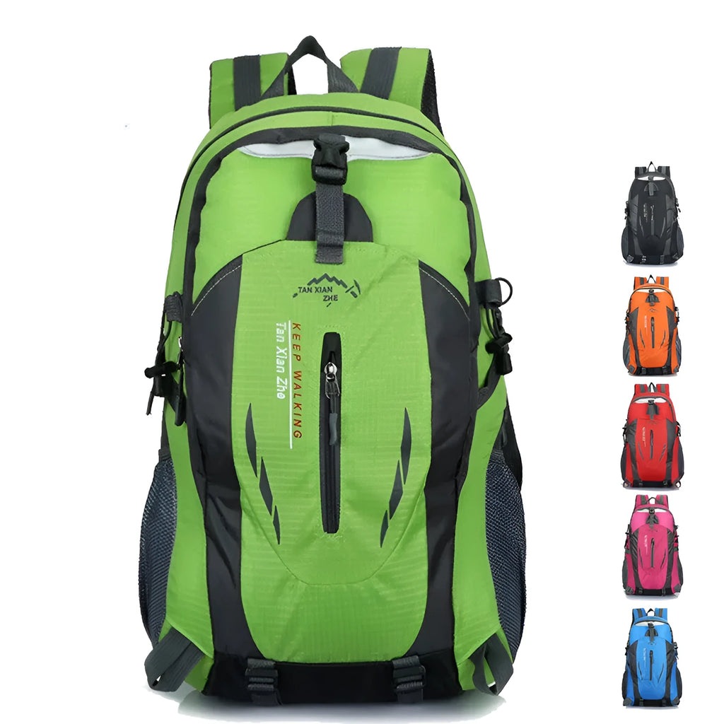 Large green Oxford cloth outdoor backpack with double straps, showing laptop compartment and ID holder.