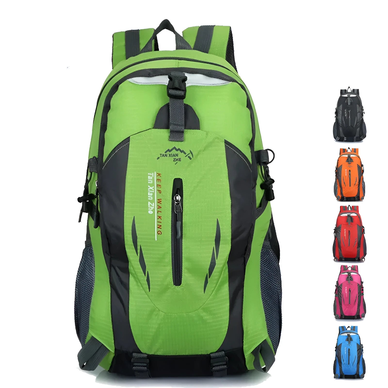 Large green Oxford cloth outdoor backpack with double straps, showing laptop compartment and ID holder.