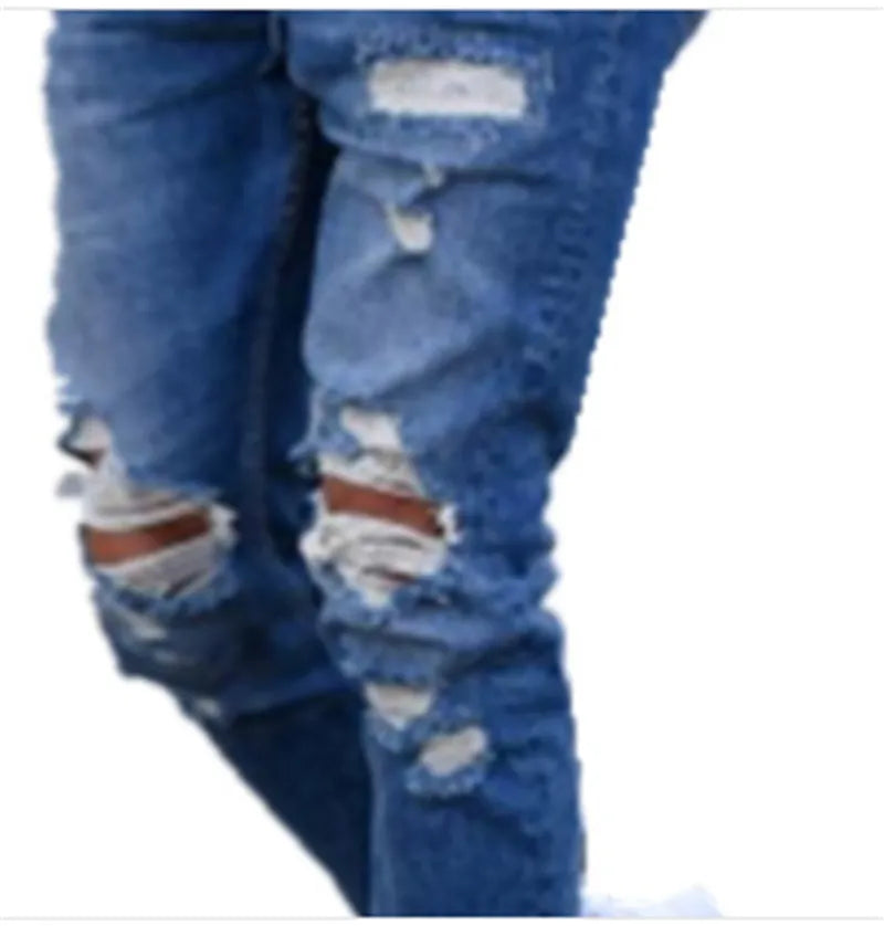 Men's deep blue cotton jeans laid flat, showing classic denim texture and five-pocket design.