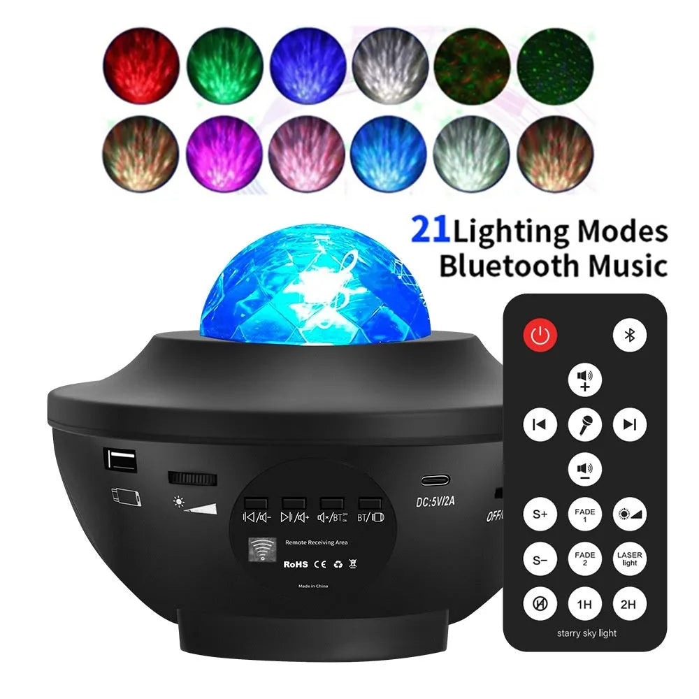 Black starry sky projection lamp on a desk showing water ripple and laser light effects on the ceiling.
