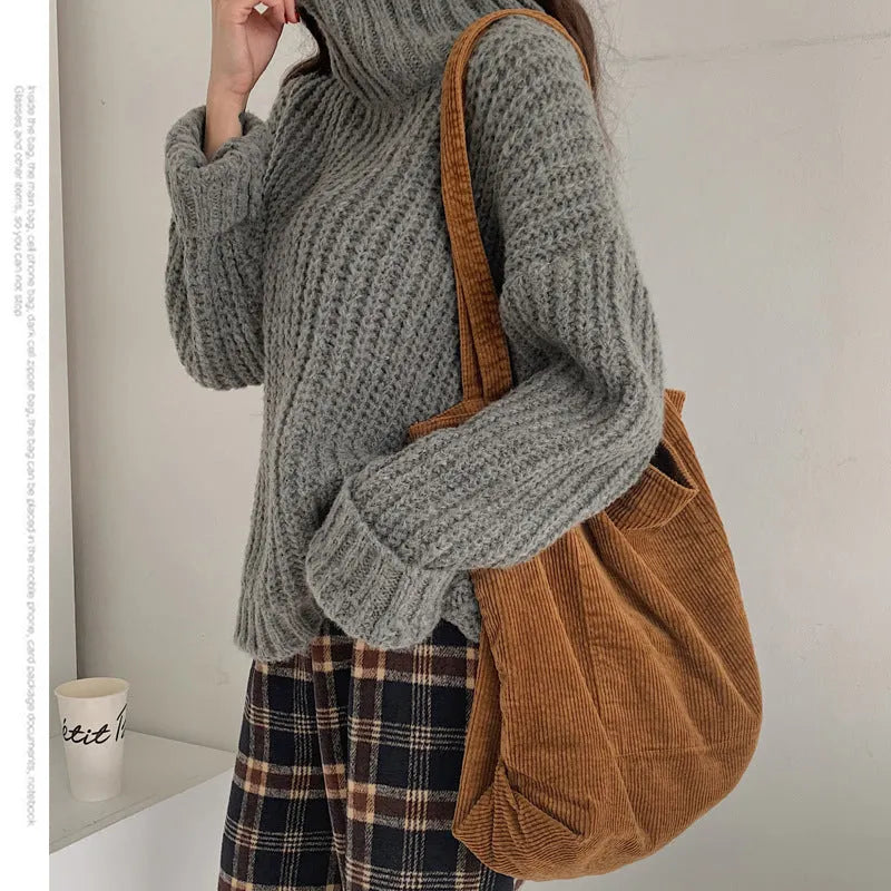Large corduroy shoulder tote bag for women, 42x45cm, soft plush material, open top, pleated retro style in solid colour