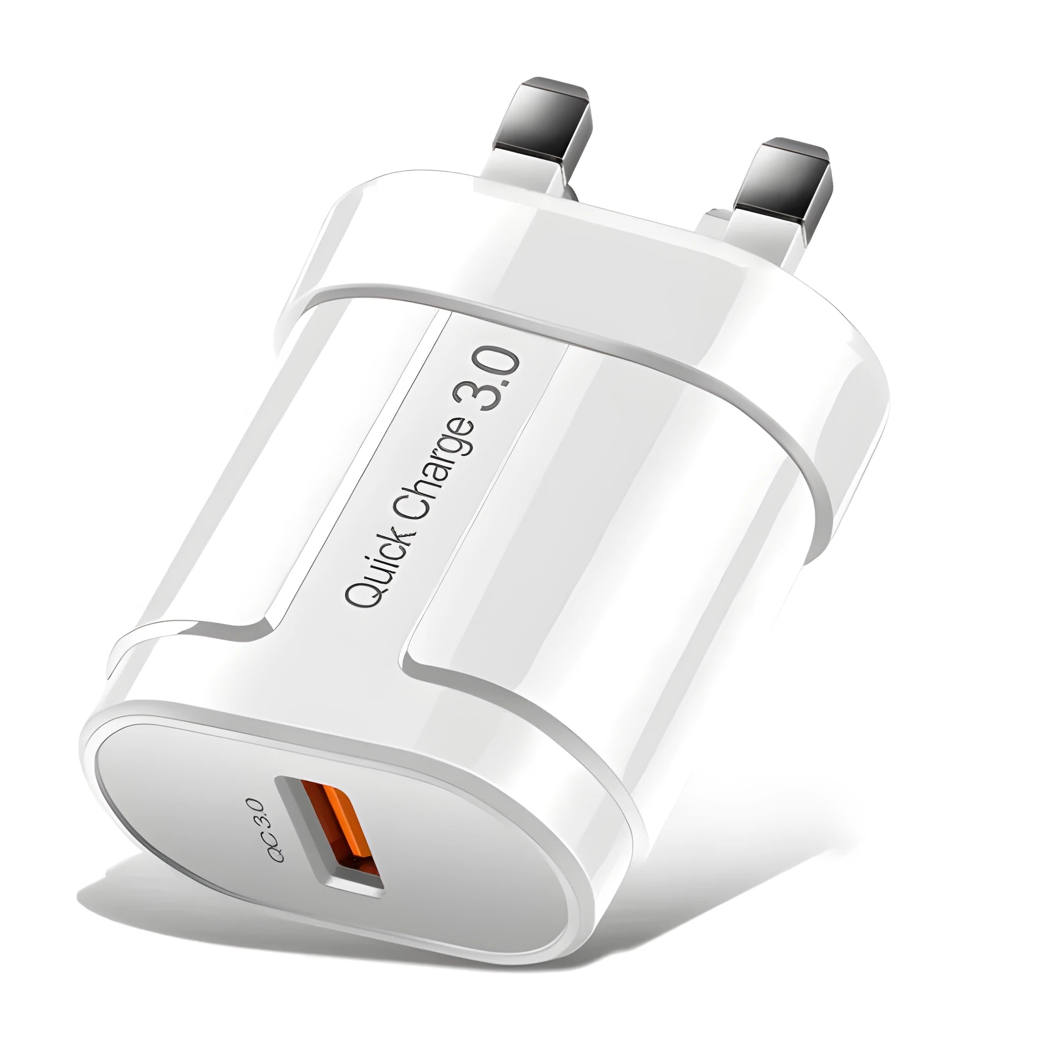 Compact white international travel phone charger with UK, US, and EU plug adapters on a desk