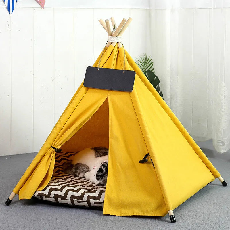 White and yellow striped flax linen pet teepee tent bed with cushion for small dogs or cats.