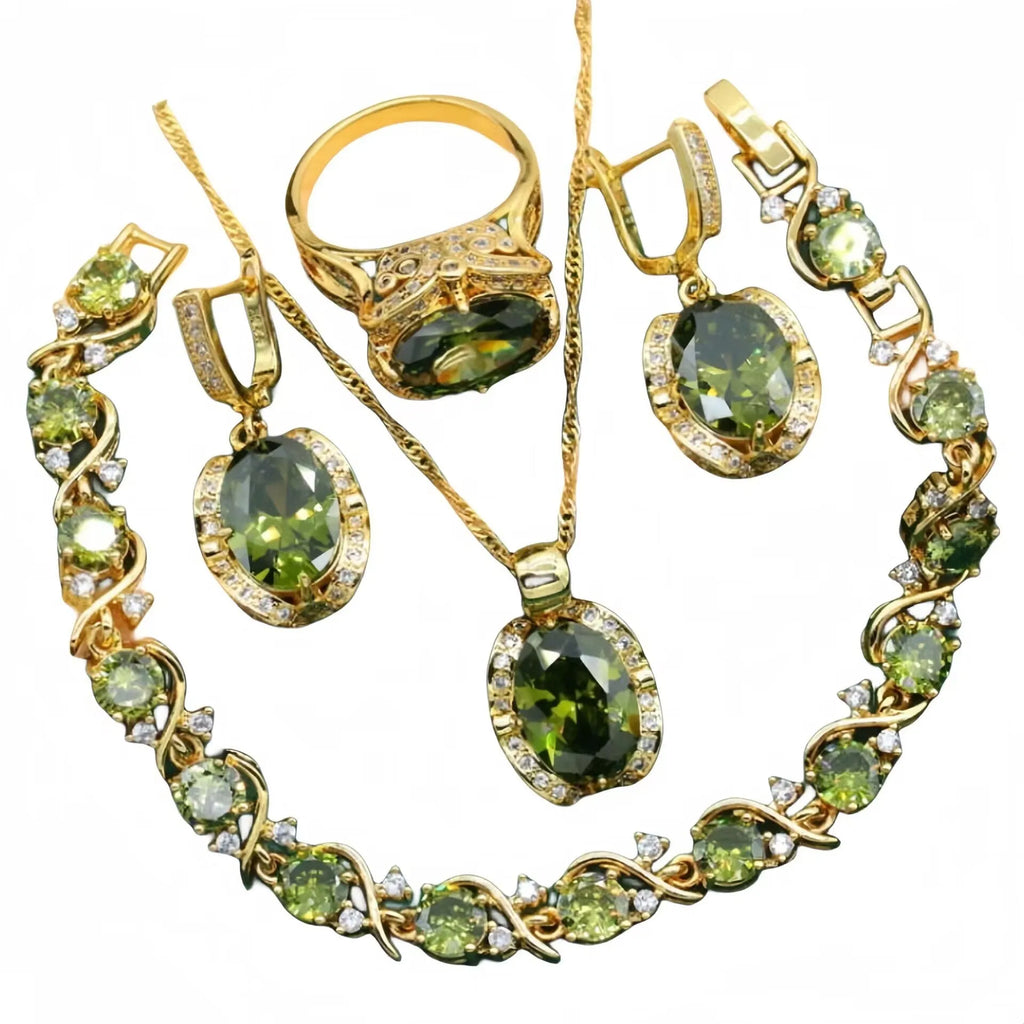 Full rhinestone zircon women's jewellery suit set with necklace, earrings, and ring in olive green or red.
