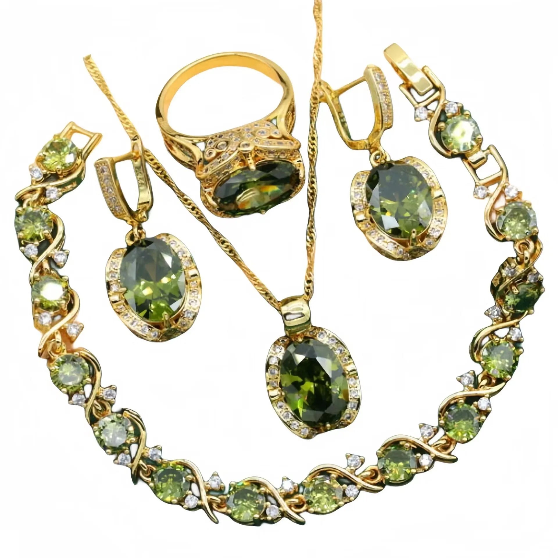 Full rhinestone zircon women's jewellery suit set with necklace, earrings, and ring in olive green or red.