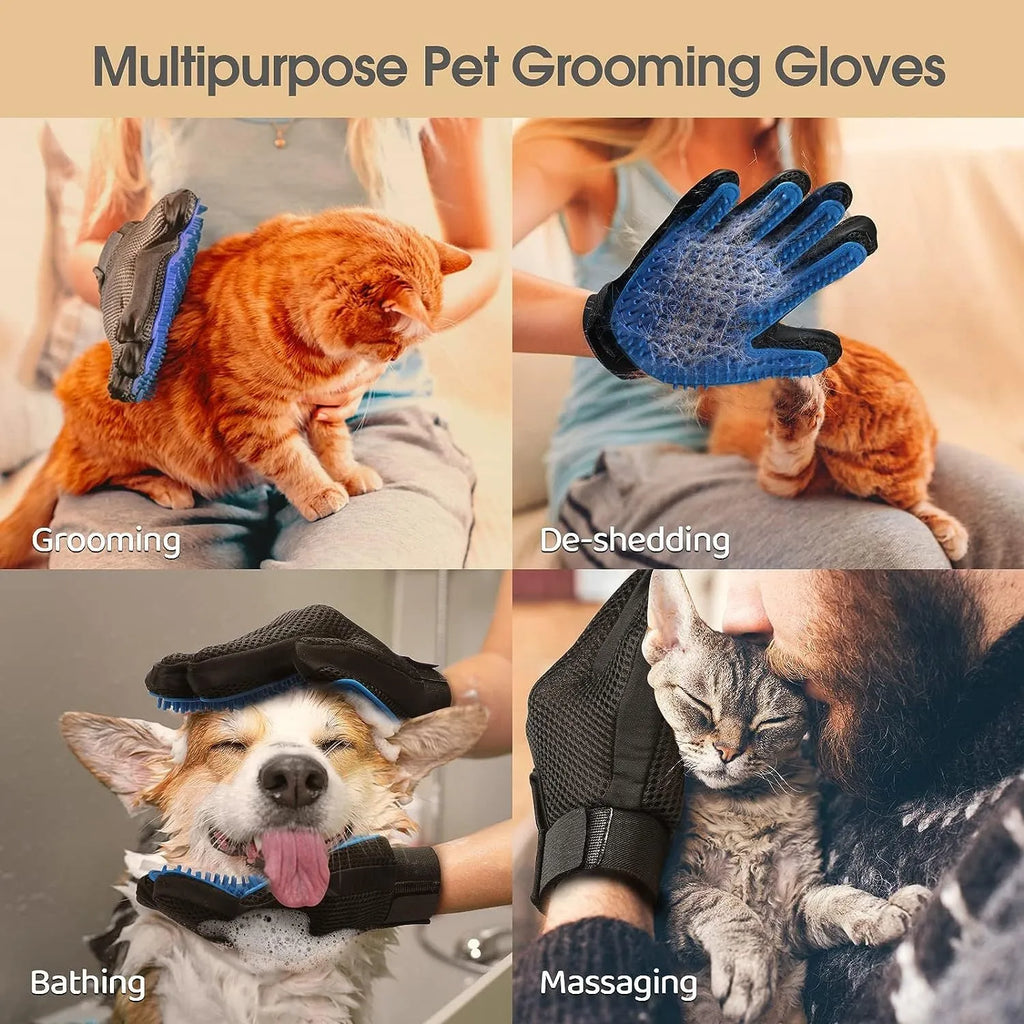 Blue pet grooming gloves with silicone tips for dogs cats horses shedding control