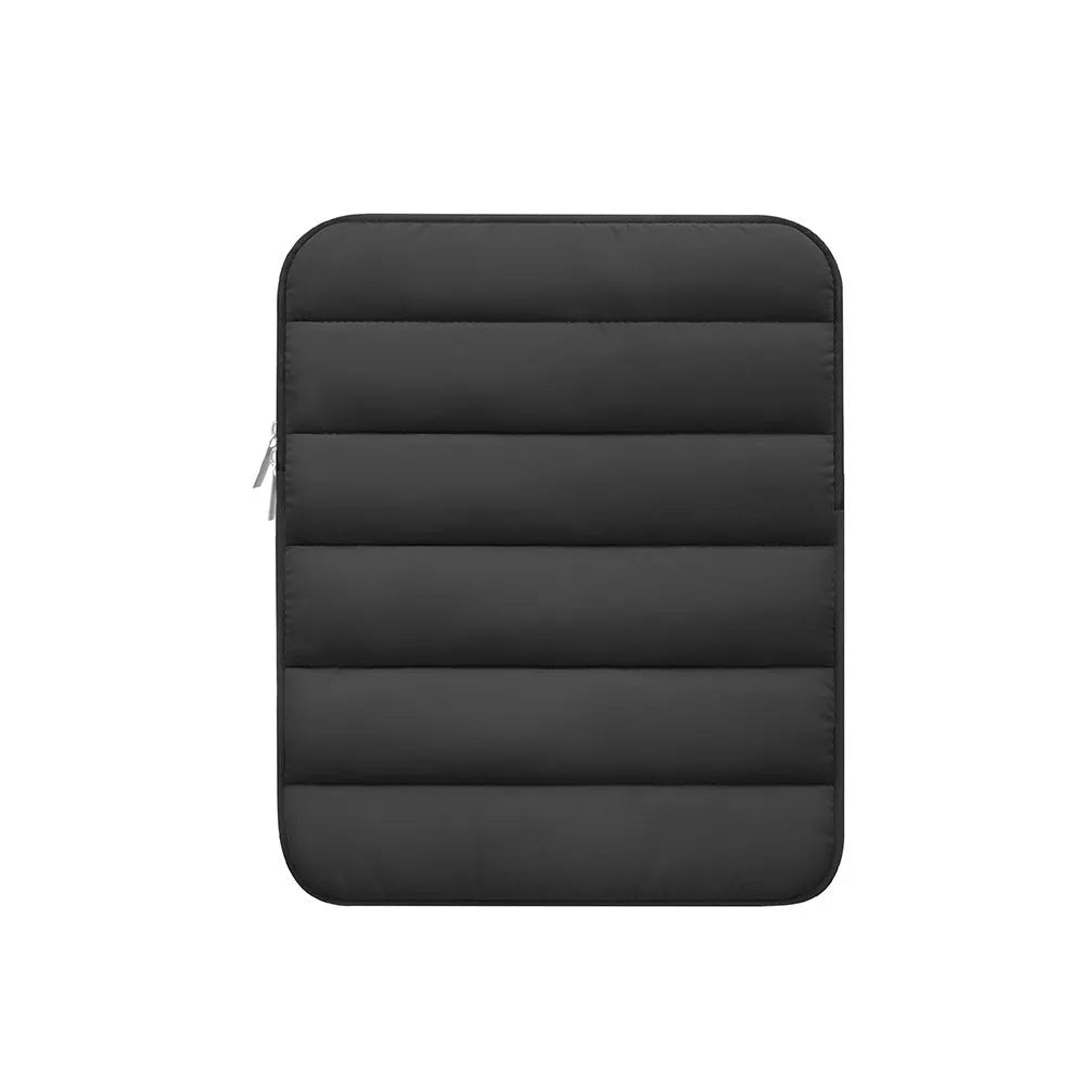 Puff bag laptop sleeve in black, khaki, or silver for 9.7 to 11 inch devices with elastic sides