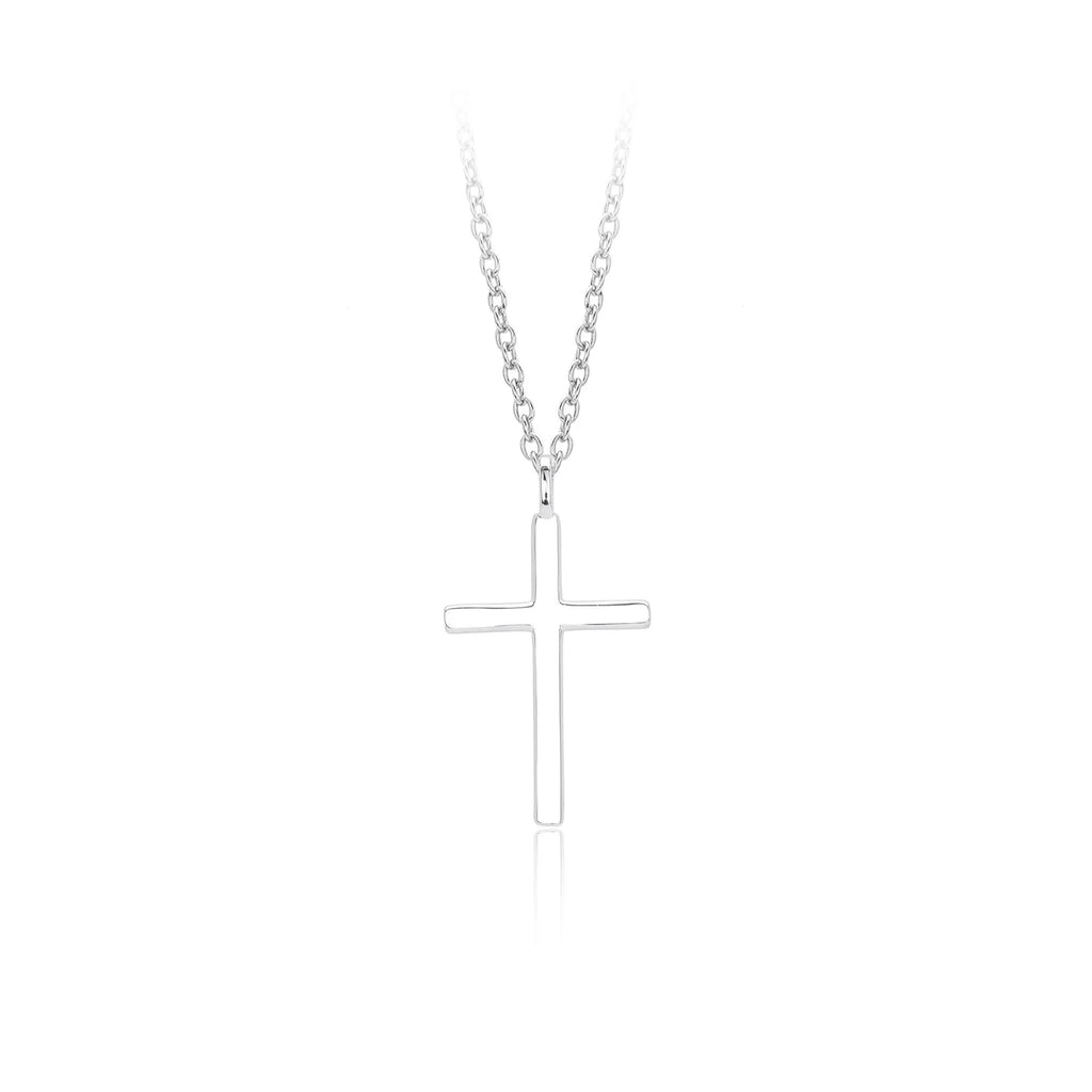 S925 sterling silver necklace showing simple glossy cross pendant on O-shaped chain in gold plating