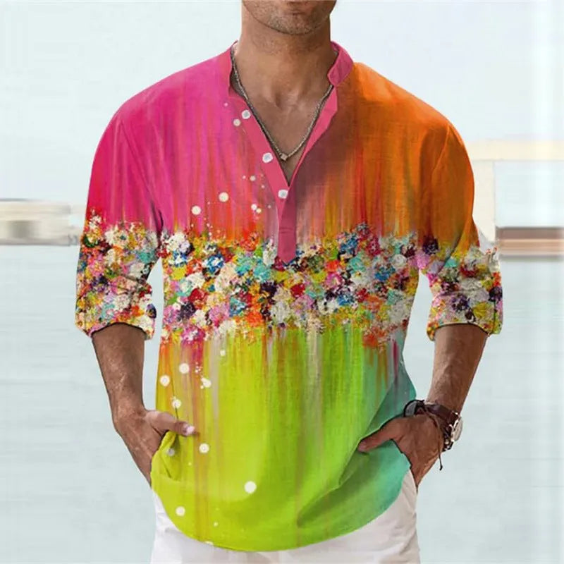 British style striped short sleeve shirt with 3D digital thermal transfer print on bamboo hemp fabric
