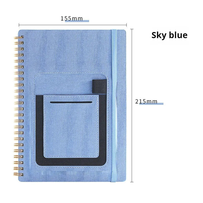 Erasable spiral notebook with stone paper in choice of cover colours, featuring optional pockets or sticky notes