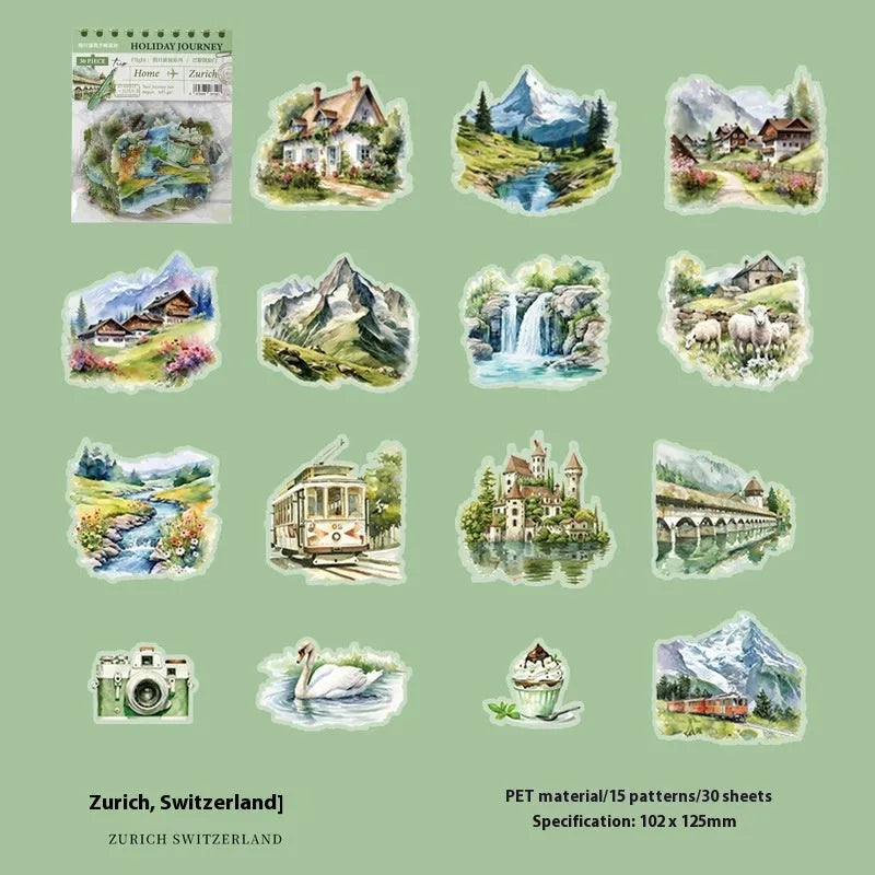 Retro-style printed stickers showing architecture from Paris Arc de Triomphe, London Big Ben, Maldives, Zurich, Rome, and Bangkok.