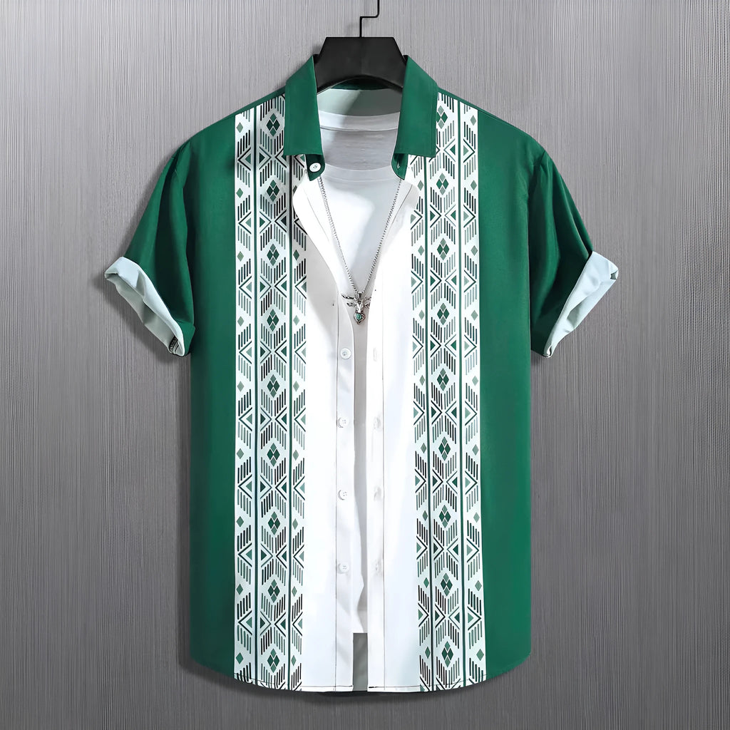 Men's loose plaid short-sleeve shirt with lapel collar on a hanger