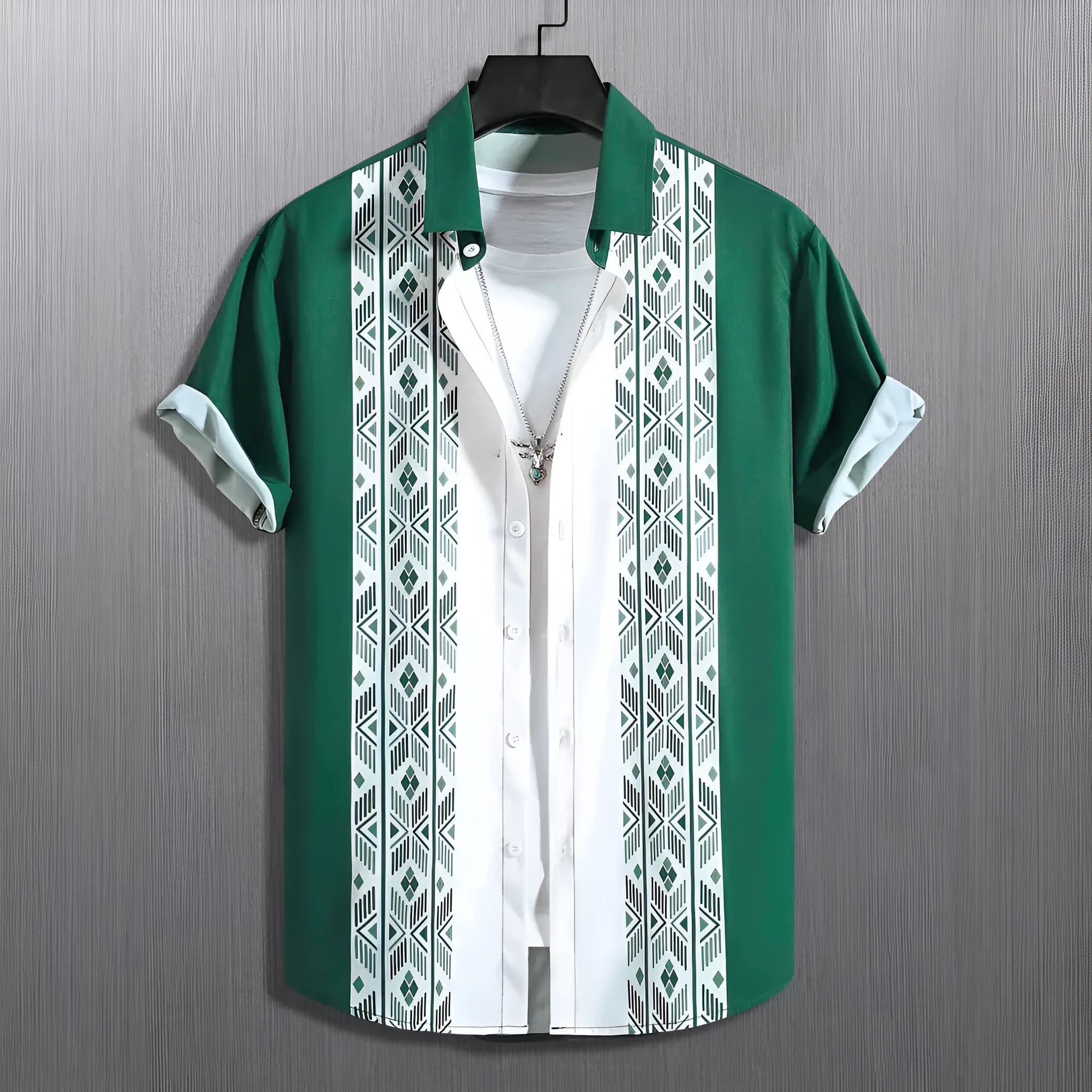 Men's loose plaid short-sleeve shirt with lapel collar on a hanger