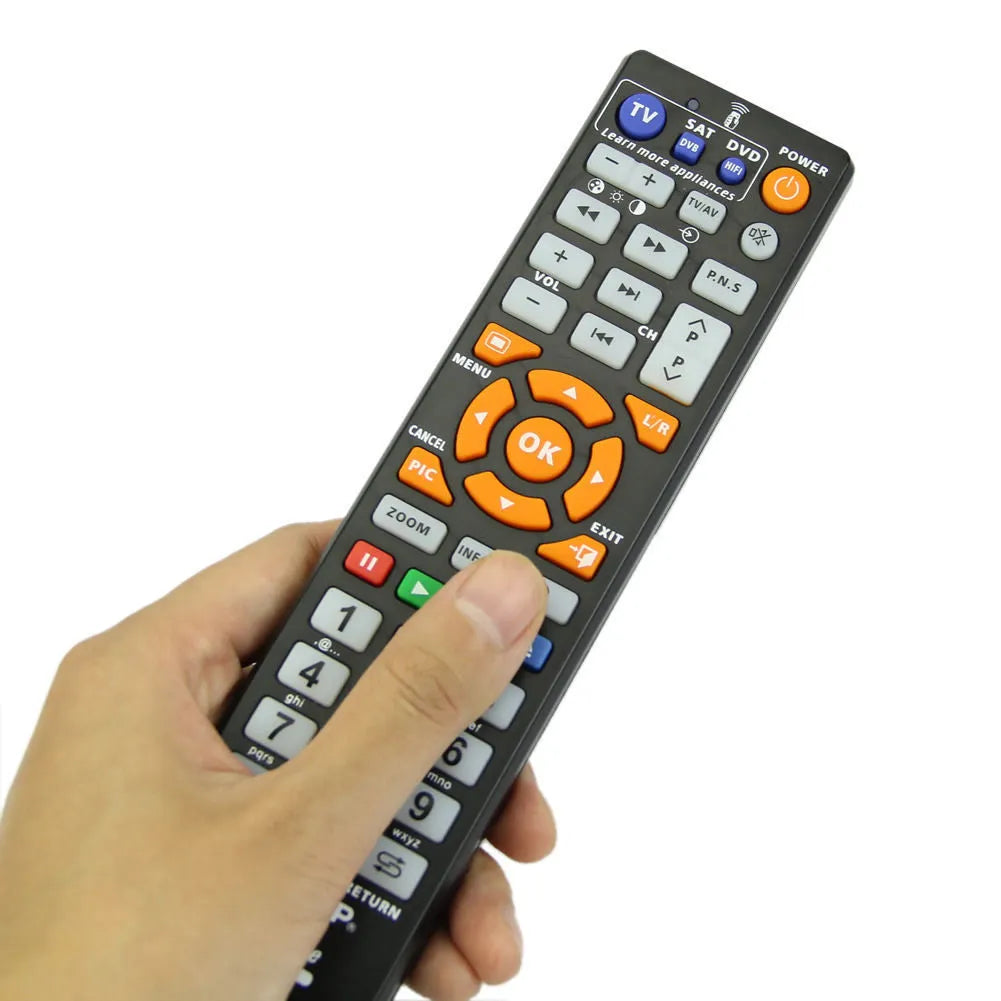 Black L336 learning remote control with standard button layout for audio equipment