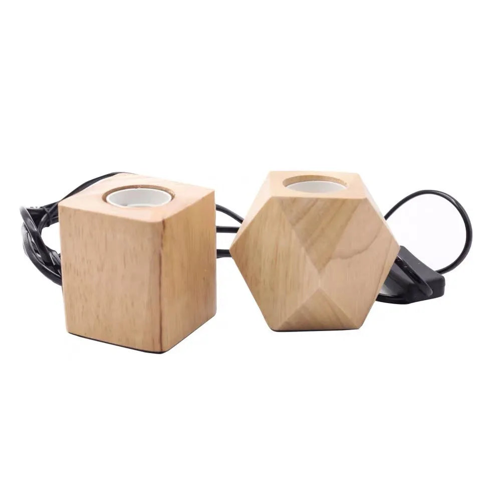 Wooden retro lamp holder in square and diamond designs with switch options measuring 75x80mm