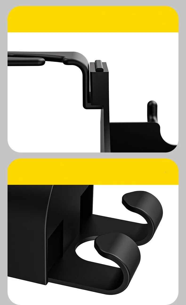 Black plastic car seat back organiser with cup holder and hook, shown from the side.
