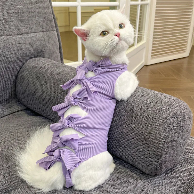 Polyester lace-up cat recovery suit in multiple colours for post-sterilisation surgery protection