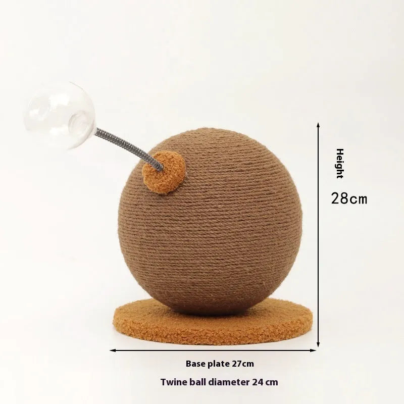 Cat scratch board with hemp rope surface, shown with either a grasping ball or tumbler toy.