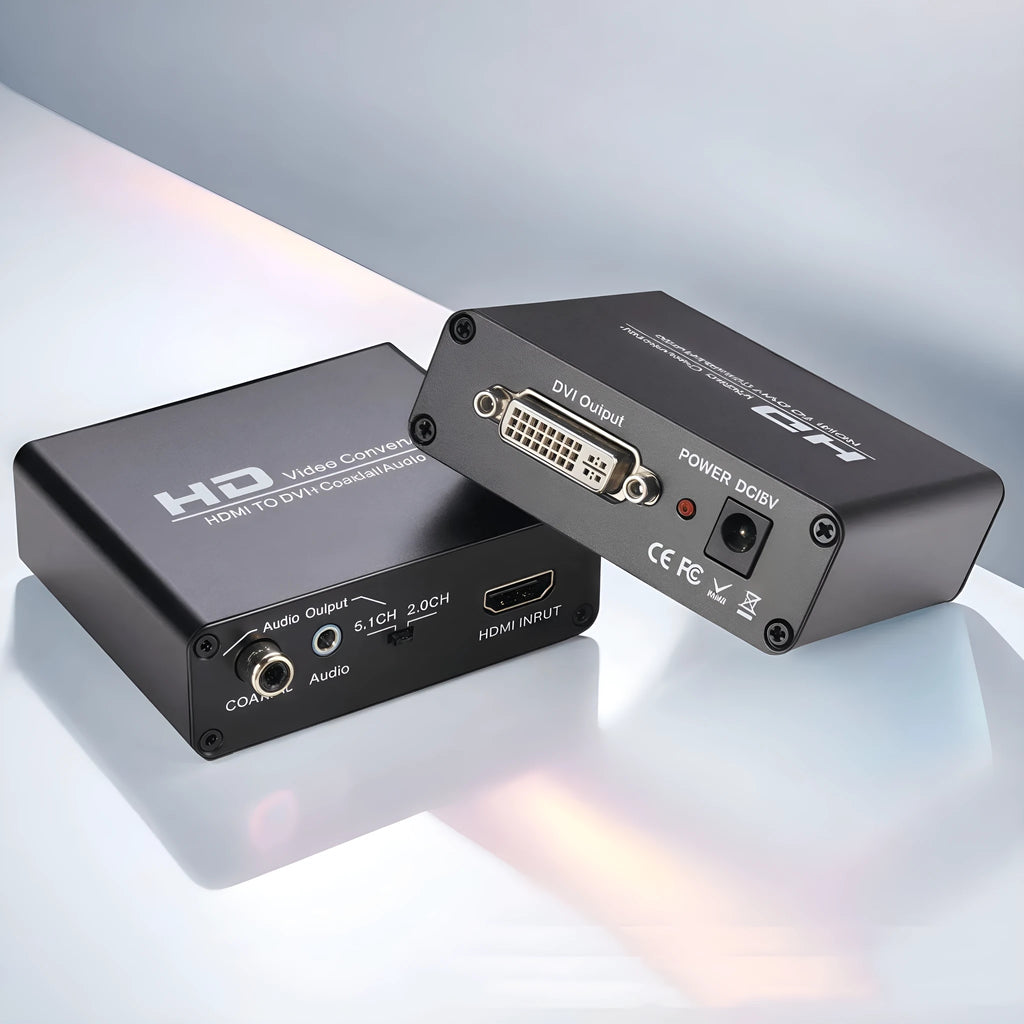 Black HDMI to DVI converter with 3.5mm audio port and 1.5 metre cable for 1080p video conversion